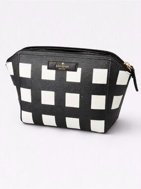 kate spade Black and White Checkered Cosmetic Pouch with Gold Logo